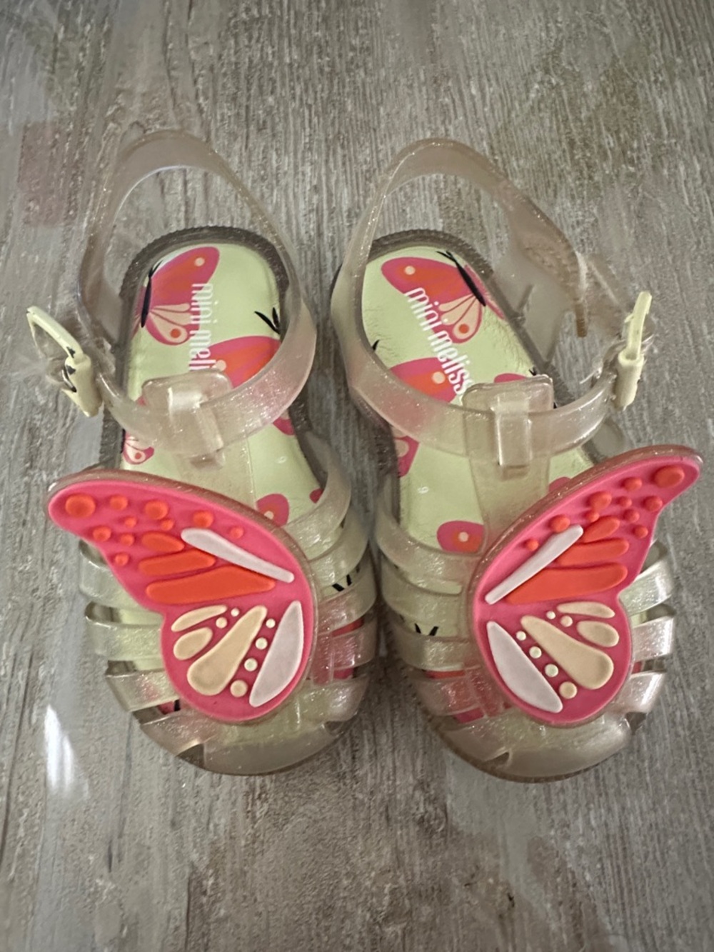 Mini Melissa Glitter Clear Jelly Sandals with Pink & Coral Butterfly